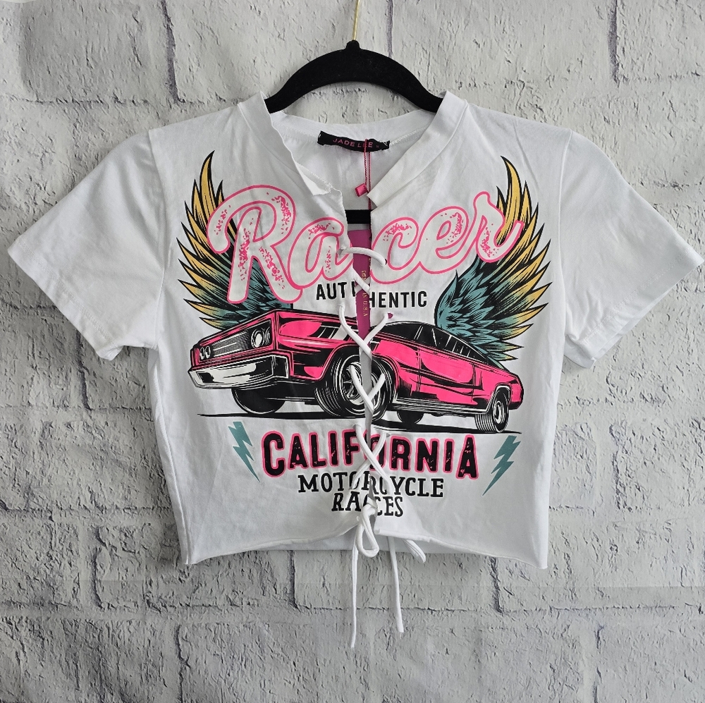 Jade‎ Lee Y2K Style White Graphic Print Race String Top NWT Women's Small